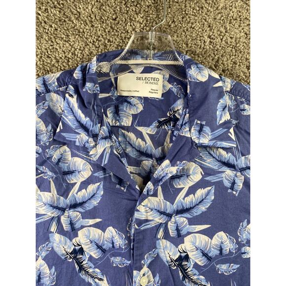 Selected Homme Shirt Mens Large 16.5 Blue White Hawaiian Casual Button Up - Picture 4 of 12